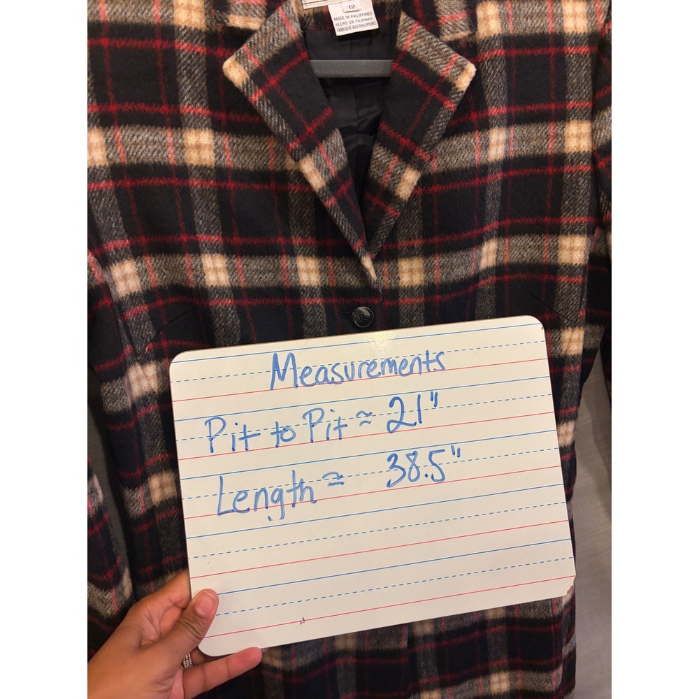 L 217 Jones Wear Plaid Wool Blend Long Coat Black Red Cream Button Front Lined - Picture 8 of 8